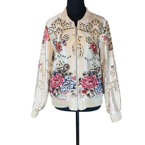 OO LALA Satin Floral Embroidered Bomber Jacket Beaded Medium Statement - Picture 1 of 10